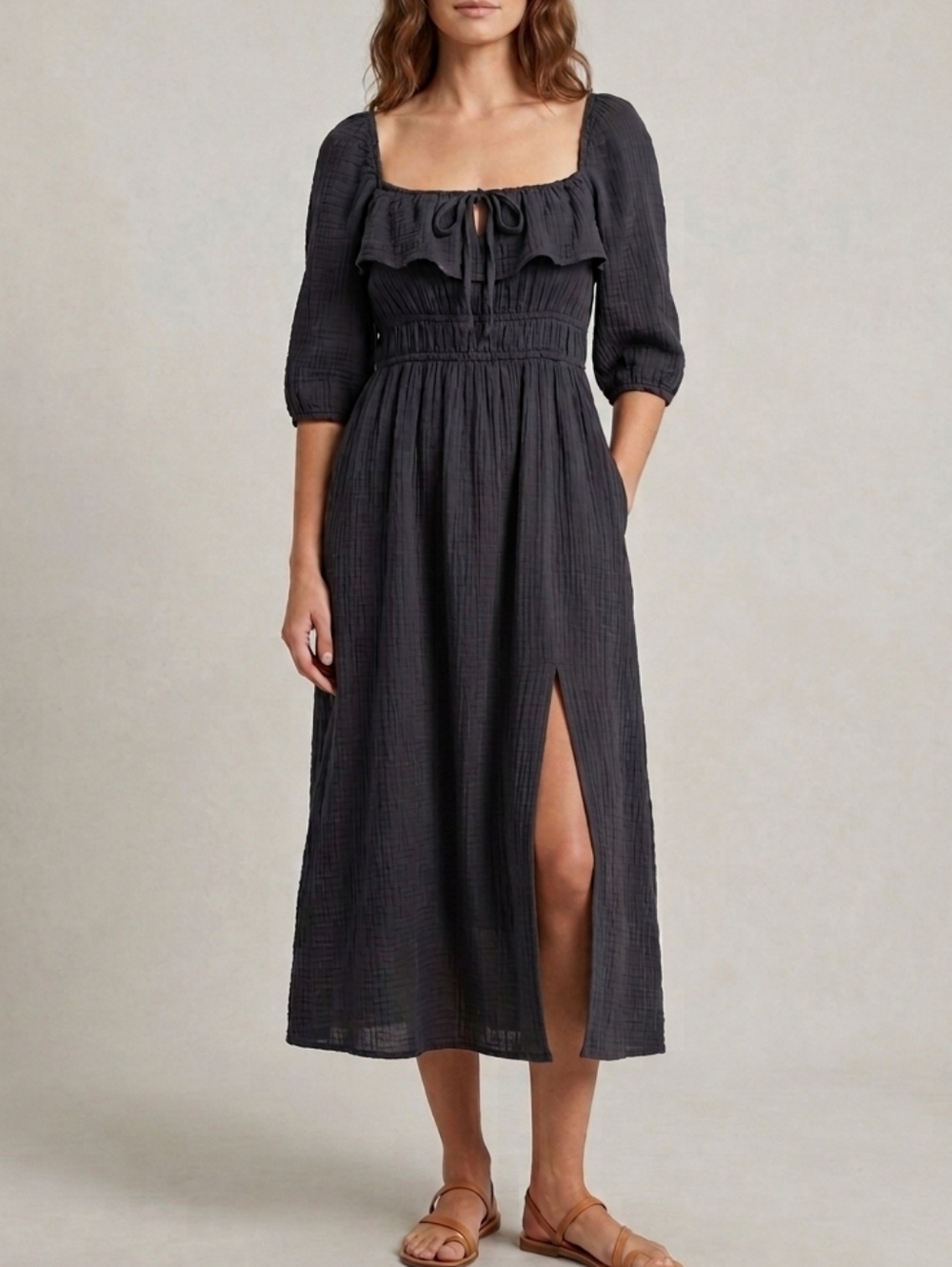 Black Puff Sleeve Midi Dress Dark Fairy Milkmaid Coquette Badie Size Medium